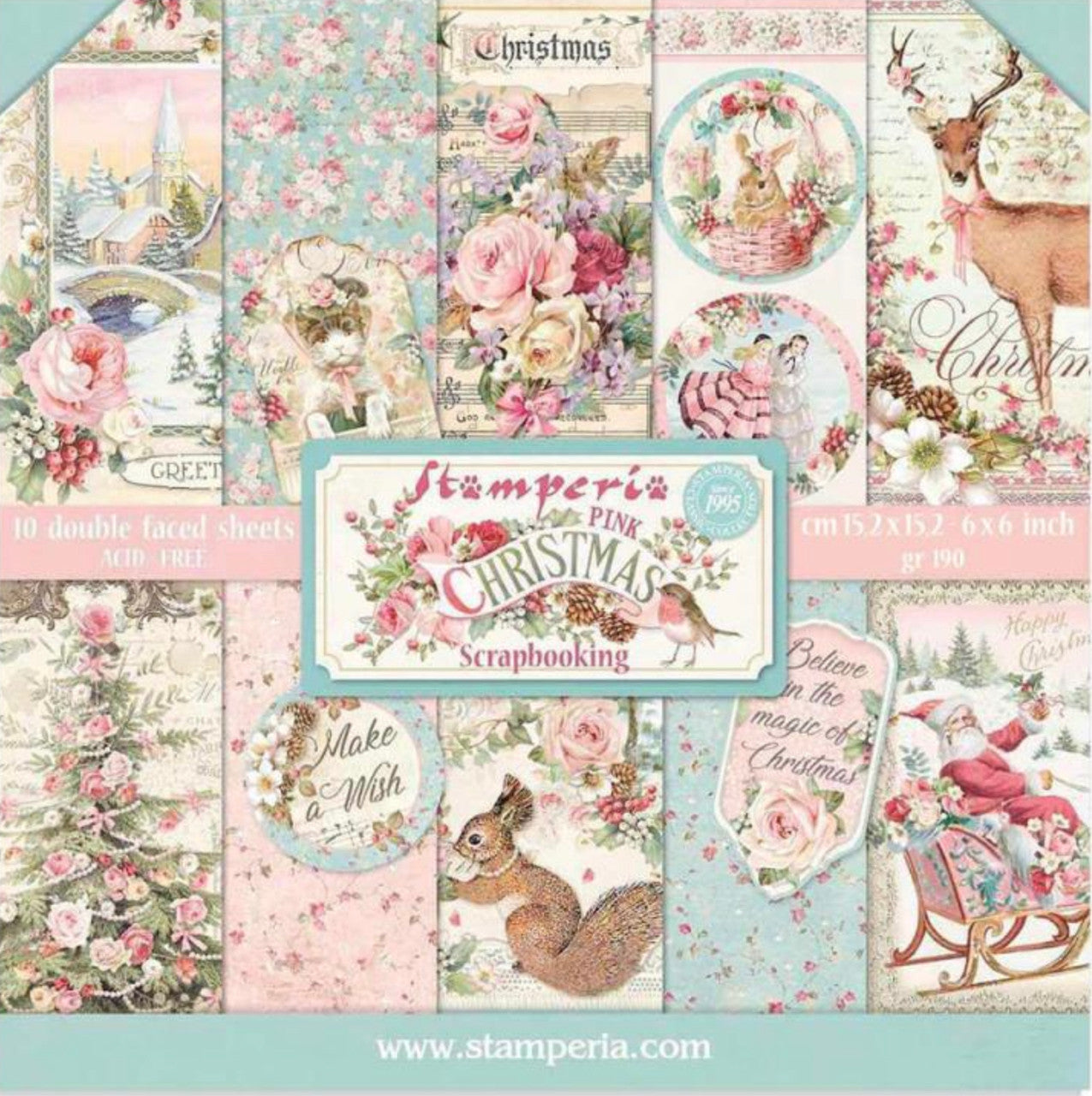 Stamperia Roze Kerst Dubbelzijdig Papierpakket 6" x 6" 